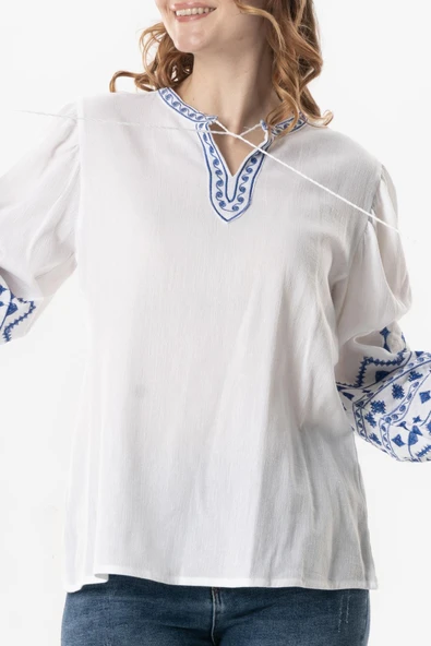 Uzun Kol Şile Bezi İdil V Yaka Nakışlı Yazlık Bluz Beyaz Byz L Beyaz - Resim 3