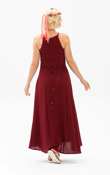Askılı Şile Bezi Sima Uzun Yazlık Elbise Bordo Brd S Bordo - Resim 2