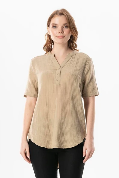 Kısa Kol Gülgün V Yaka Müslin Yazlık Bluz Vizon Vzn 2XL-3XL Vizon ürün görseli