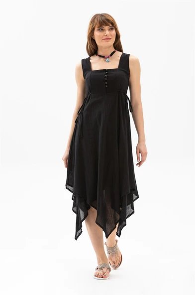 Kolsuz Şile Bezi Üçgen Katlı Midi Boy Yazlık Elbise Siyah Syh L Siyah - Resim 3