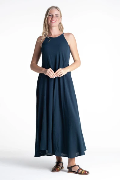 Askılı Şile Bezi Sima Uzun Yazlık Elbise Petrol Ptrl M Petrol - Resim 4