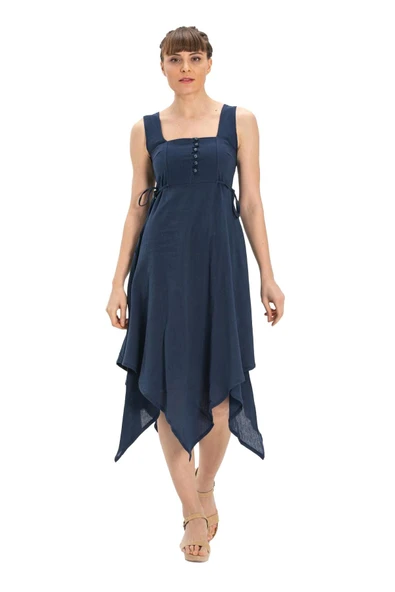 Kolsuz Şile Bezi Üçgen Katlı Midi Boy Yazlık Elbise Lacivert Lcvt XS Lacivert - Resim 5