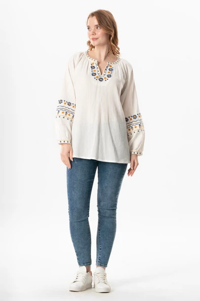 Uzun Kol Şile Bezi Gülruh V Yaka Nakışlı Bluz Krem Krm L/XL Krem - Resim 5