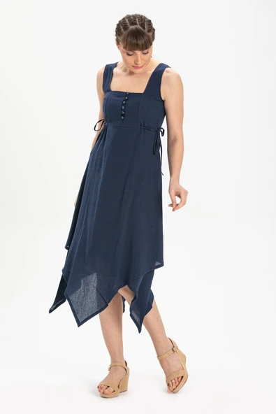 Kolsuz Şile Bezi Üçgen Katlı Midi Boy Yazlık Elbise Lacivert Lcvt XS Lacivert - Resim 4