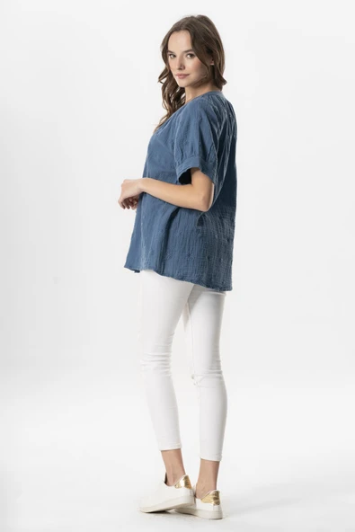 Kısa Kol V Yaka Venüs Düğmeli Müslin Yazlık Bluz İndigo indg 2XL-3XL İndigo - Resim 5