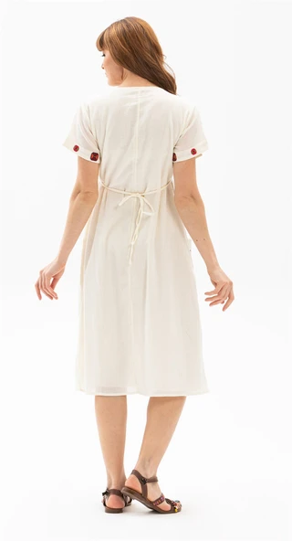 Kısa Kol Şile Bezi Melek Midi Boy Yazlık Otantik Elbise Krem Krm M Krem - Resim 3