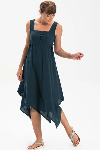 Kolsuz Şile Bezi Üçgen Katlı Midi Boy Yazlık Elbise Petrol Ptrl XS Petrol - Resim 5