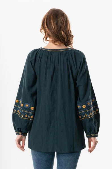 Uzun Kol Şile Bezi Gülruh V Yaka Nakışlı Bluz Petrol Ptrl 2XL-3XL Petrol - Resim 2