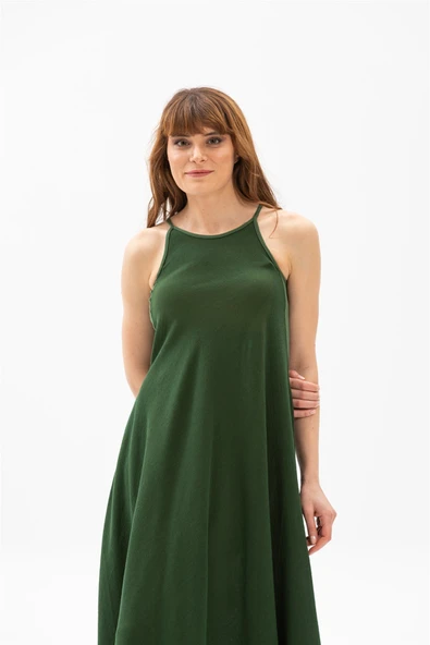 Askılı Şile Bezi Sima Uzun Yazlık Elbise Yeşil Ysl L Yeşil - Resim 4