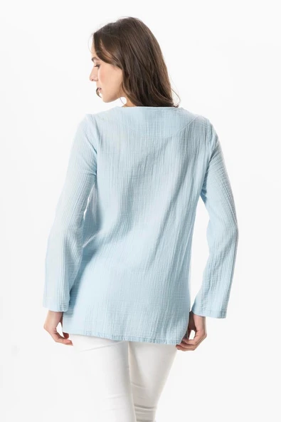 Uzun Kol Çiçek V Yaka Nakışlı Müslin Yazlık Bluz Buz Mavi Bmv L/XL Buz Mavi - Resim 2