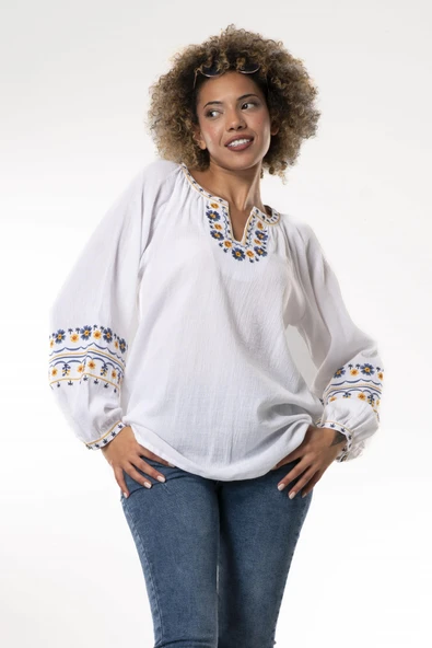 Uzun Kol Şile Bezi Gülruh V Yaka Nakışlı Bluz Beyaz Byz S/M Beyaz - Resim 4