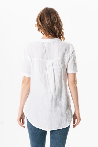 Kısa Kol Gülgün V Yaka Müslin Yazlık Bluz Beyaz Byz L/XL Beyaz - Resim 2