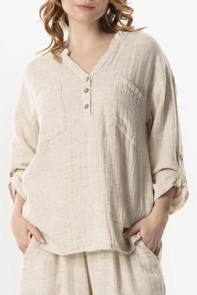 Uzun Kol Ezgi V Yaka Katlanabilir Kol Müslin Yazlık Bluz Krem Krm 2XL-3XL Krem - Resim 3