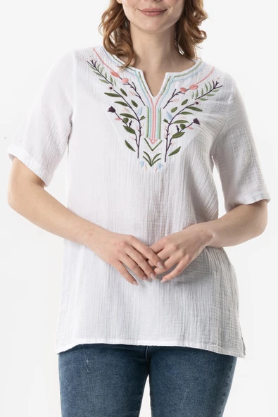 Kısa Kol Çiçek V Yaka Nakışlı Müslin Yazlık Bluz Beyaz Byz L/XL Beyaz - Resim 3