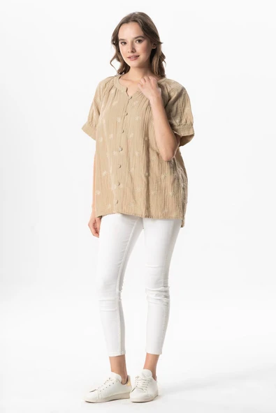 Kısa Kol V Yaka Venüs Düğmeli Müslin Yazlık Bluz Vizon Vzn 2XL-3XL Vizon - Resim 5