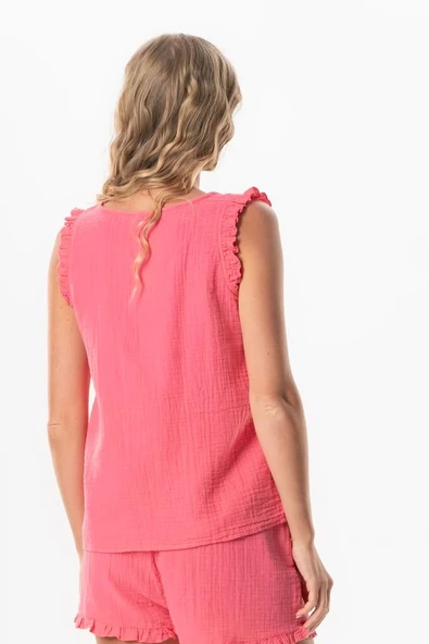 Kolsuz Fırfır Detaylı Duru Oval Yaka Müslin Yazlık Bluz Pembe Pmb XS Pembe - Resim 2