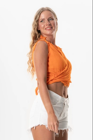 Kolsuz Deren Bel Bağlamalı Yazlık Müslin Bluz Turuncu Trnc S Turuncu - Resim 5