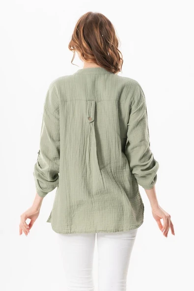 Uzun Kol Asu Yazlık Müslin Bluz Zeytin Yeşili Zytnysl L/XL Zeytin Yeşili - Resim 2