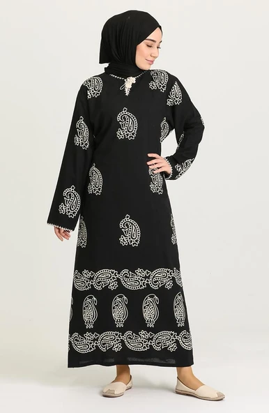 Uzun Kol Taş Baskı Pamuk Uzun Şal Desen Yazlık Etnik Elbise Siyah Syh 2XL Siyah-Beyaz - Resim 7