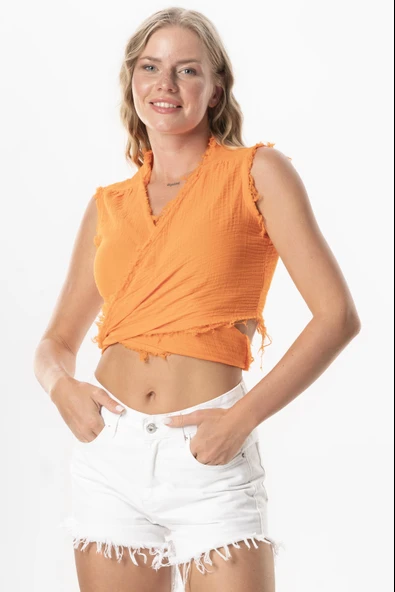 Kolsuz Deren Bel Bağlamalı Yazlık Müslin Bluz Turuncu Trnc L Turuncu ürün görseli