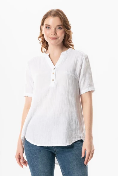 Kısa Kol Gülgün V Yaka Müslin Yazlık Bluz Beyaz Byz L/XL Beyaz ürün görseli