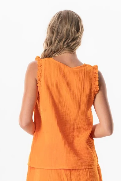 Kolsuz Fırfır Detaylı Duru Oval Yaka Müslin Yazlık Bluz Turuncu Trnc L Turuncu - 2
