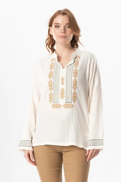 Uzun Kol İbiza Nakışlı Kadın Müslin Yazlık Tshirt Kırık Beyaz KrkByz 2XL Kırık Beyaz ürün görseli