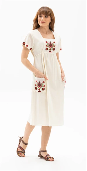 Kısa Kol Şile Bezi Melek Midi Boy Yazlık Otantik Elbise Krem Krm L Krem ürün görseli