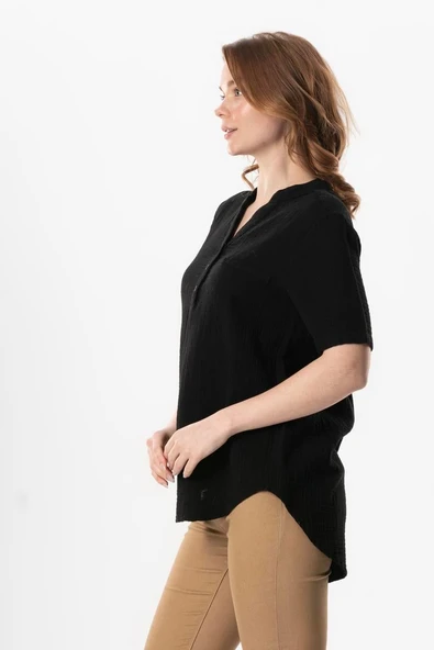 Kısa Kol Gülgün V Yaka Müslin Yazlık Bluz Siyah Syh 2XL-3XL Siyah - Resim 4