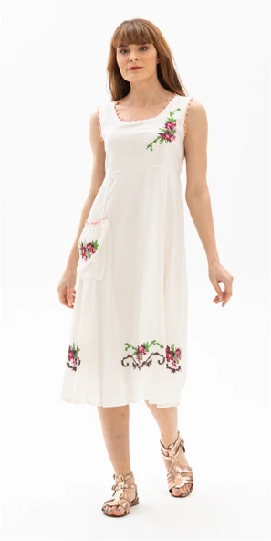 Kolsuz Şile Bezi Burçak Midi Boy Yazlık Elbise Krem Krm XL Krem - Resim 5