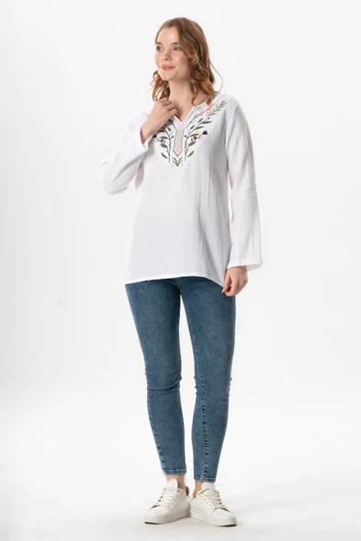 Uzun Kol Çiçek V Yaka Nakışlı Müslin Yazlık Bluz Beyaz Byz L/XL Beyaz - Resim 5