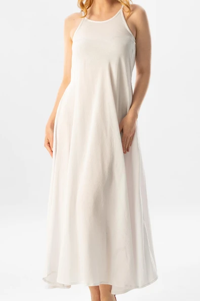 Askılı Şile Bezi Sima Uzun Yazlık Elbise Beyaz Byz S Beyaz - Resim 3