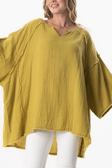 Yarım Kol Nadya V Yaka Müslin Yazlık Bluz Yağ Yeşili Ygysl - Resim 3