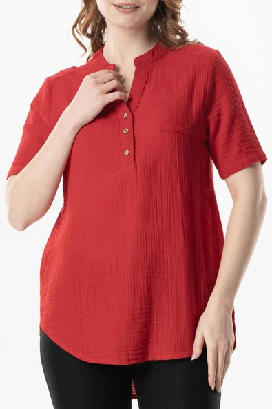 Kısa Kol Gülgün V Yaka Müslin Yazlık Bluz Kırmızı Krmz 2XL-3XL Kırmızı - Resim 3