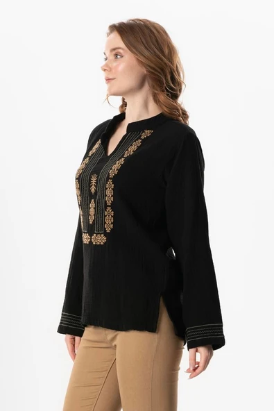 Uzun Kol İbiza Nakışlı Kadın Müslin Yazlık Tshirt Siyah Syh XL Siyah - Resim 4