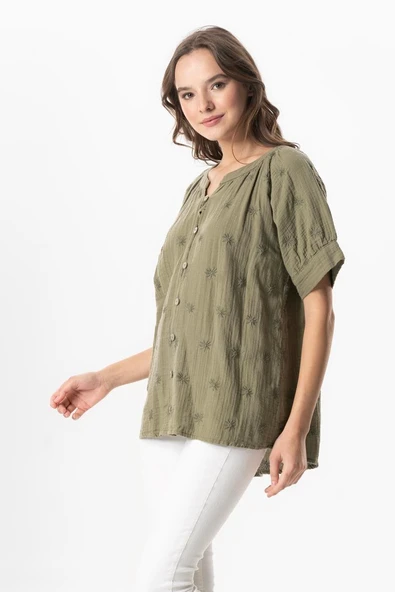 Kısa Kol V Yaka Venüs Düğmeli Müslin Yazlık Bluz Haki Hk L/XL Haki - Resim 3