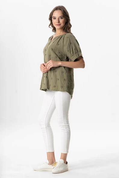 Kısa Kol V Yaka Venüs Düğmeli Müslin Yazlık Bluz Haki Hk 4XL/5XL Haki - 5