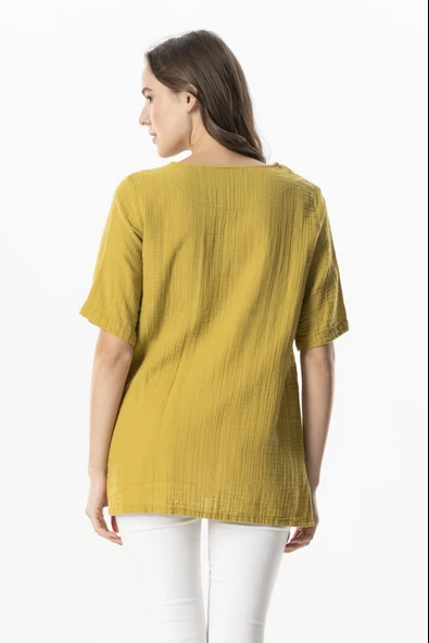 Kısa Kol Çiçek V Yaka Nakışlı Müslin Yazlık Bluz Yağ Yeşili Ygysl 4XL/5XL Yağ Yeşili - 2