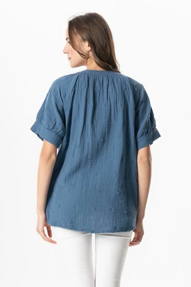 Kısa Kol V Yaka Venüs Düğmeli Müslin Yazlık Bluz İndigo indg S/M İndigo - Resim 2