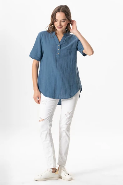 Kısa Kol Gülgün V Yaka Müslin Yazlık Bluz İndigo indg 2XL-3XL İndigo - Resim 5