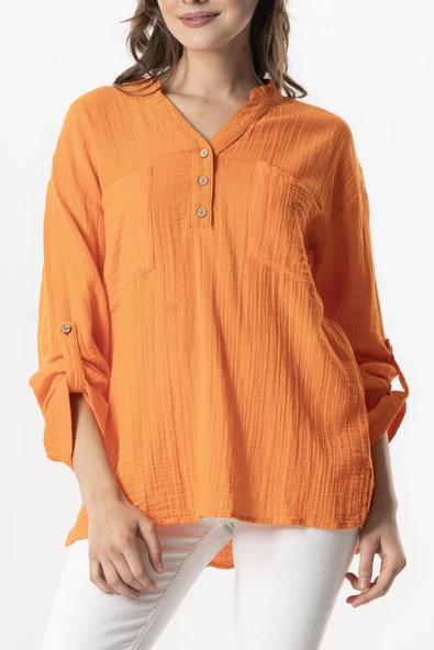 Uzun Kol Asu Yazlık Müslin Bluz Turuncu Trnc L/XL Turuncu - Resim 4