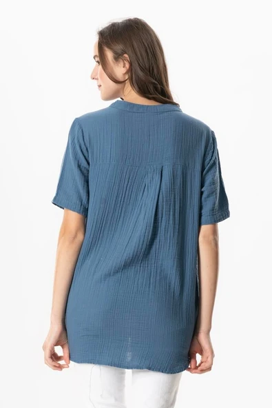 Kısa Kol Gülgün V Yaka Müslin Yazlık Bluz İndigo indg 2XL-3XL İndigo - Resim 2