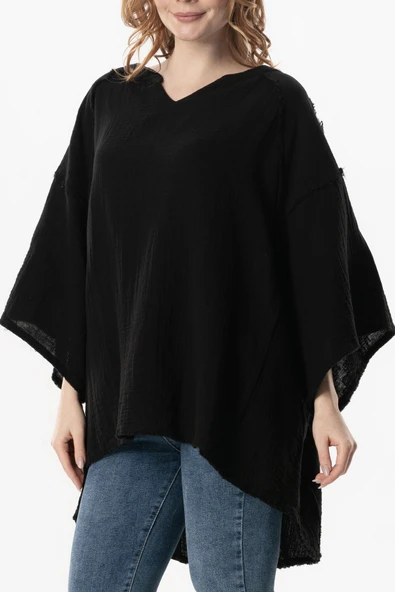 Yarım Kol Nadya V Yaka Müslin Yazlık Bluz Siyah Syh - Resim 3