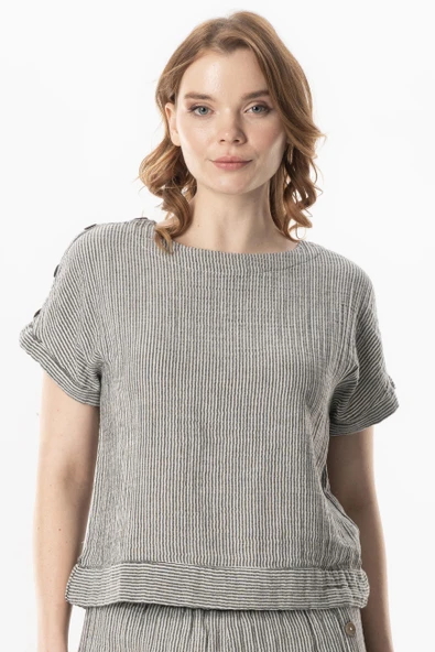 Kısa Kol Serap Bisiklet Yaka Müslin Yazlık Bluz Siyah/Beyaz Syh/Byz L/XL Siyah/Beyaz ürün görseli