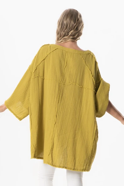 Yarım Kol Nadya V Yaka Müslin Yazlık Bluz Yağ Yeşili Ygysl - Resim 2