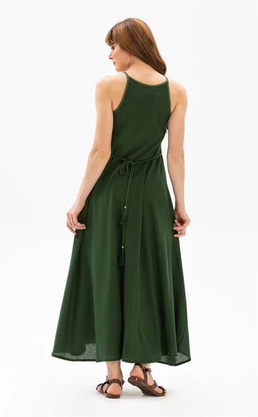 Askılı Şile Bezi Sima Uzun Yazlık Elbise Yeşil Ysl L Yeşil - Resim 2