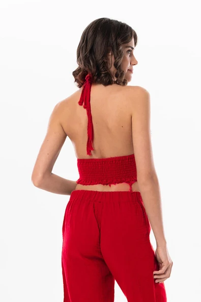 Göcek Bağlama Detaylı Yazlık Müslin Büstiyer Kırmızı Krmz S Kırmızı - Resim 2