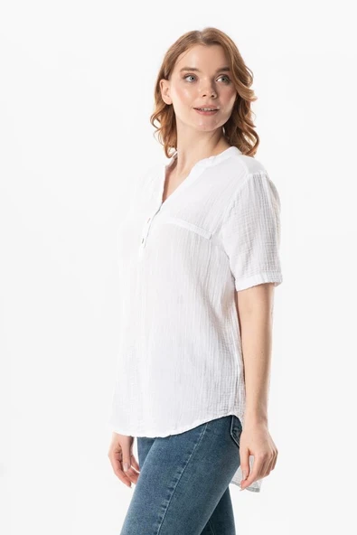 Kısa Kol Gülgün V Yaka Müslin Yazlık Bluz Beyaz Byz 2XL-3XL Beyaz - Resim 4
