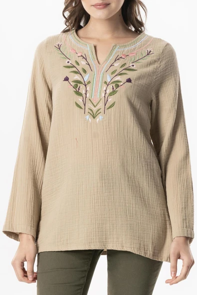 Uzun Kol Çiçek V Yaka Nakışlı Müslin Yazlık Bluz Vizon Vzn 4XL/5XL Vizon - Resim 3