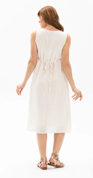 Kolsuz Şile Bezi Burçak Midi Boy Yazlık Elbise Krem Krm XL Krem - Resim 3